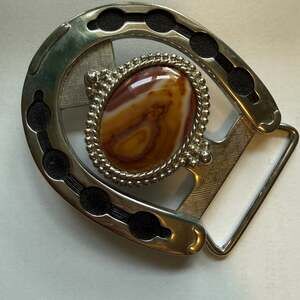 Vintage Horseshoe Belt Buckle with Brown Agate Gemstone Center